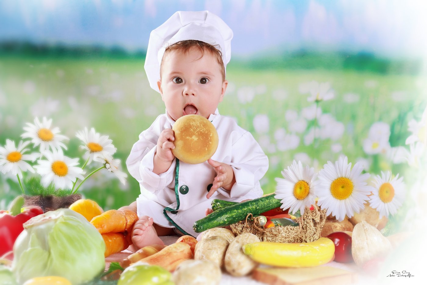 Bebé disfrazado de chef entre flores, Erica Cruz
