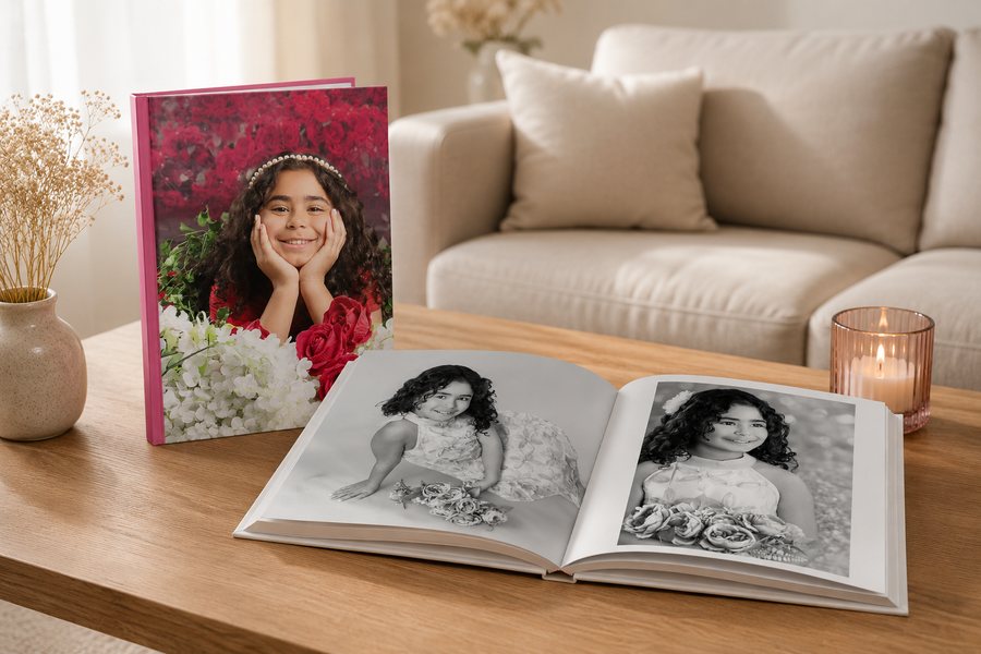 Libro fotográfico impreso abierto sobre una mesa, sesión infantil Erica Cruz