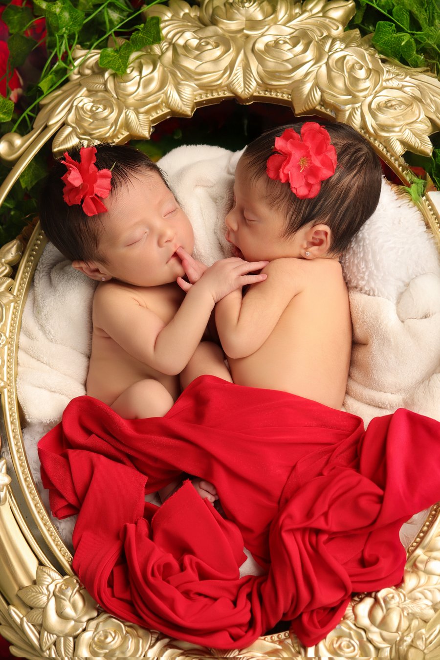 Mellizas recién nacidas con flores rojas, Erica Cruz